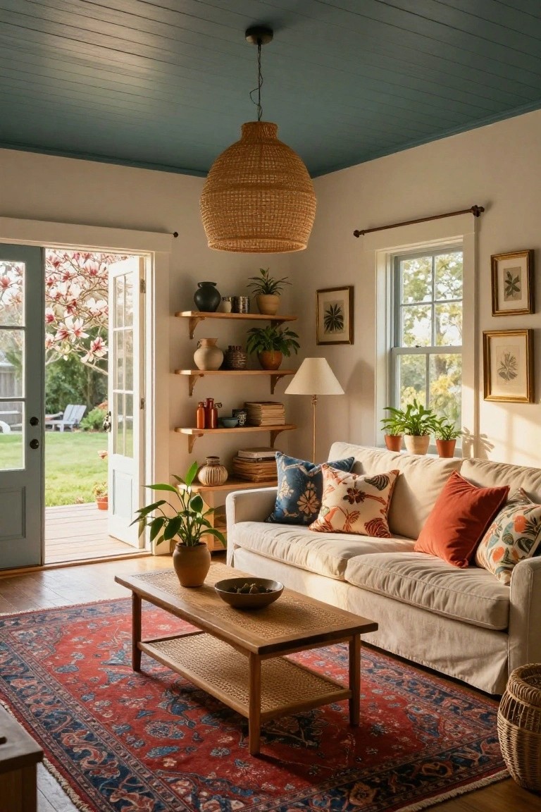 A family room with a white sofa, wooden coffee table on a red patterned rug, and a large woven pendant light hanging from a blue ceiling next to open French doors.