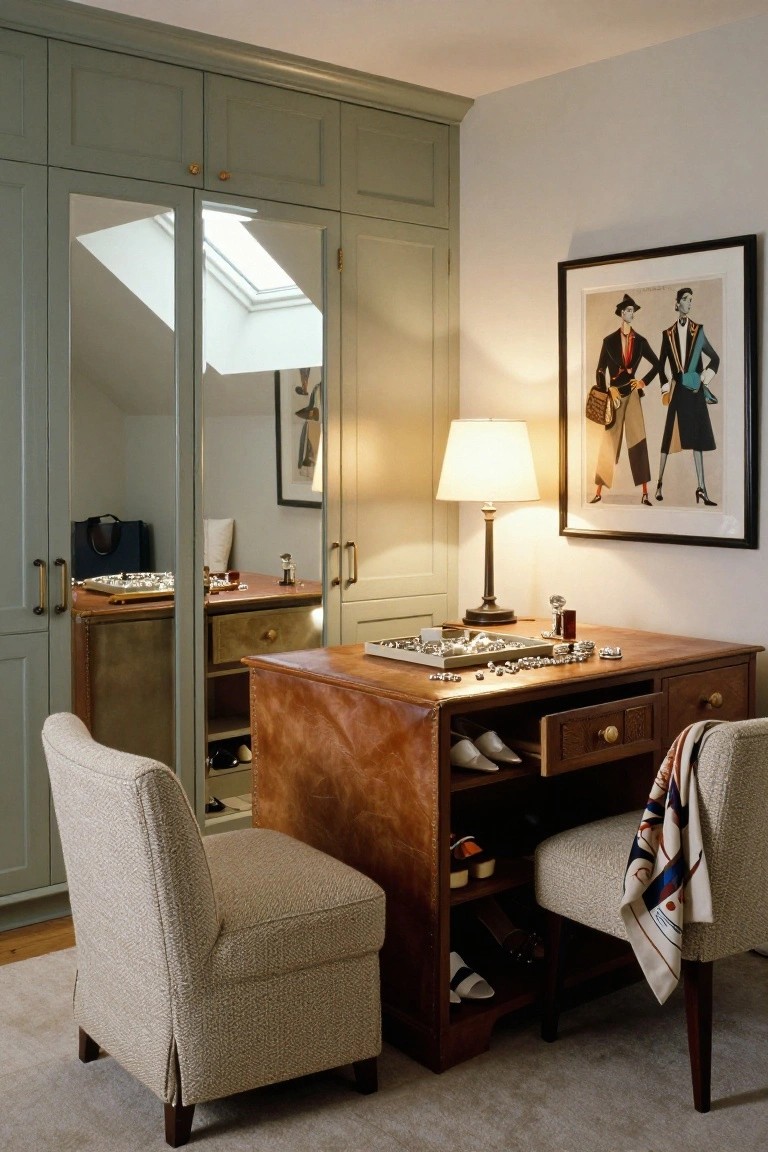 Stylish dressing room with leather-topped desk, green wardrobe, beige chairs, and fashion art