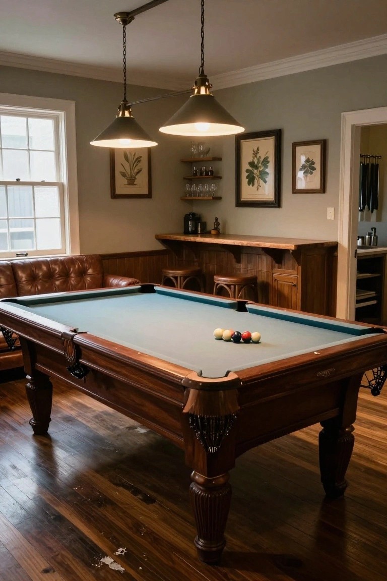 Wooden pool table with blue felt in home game room with bar and lights