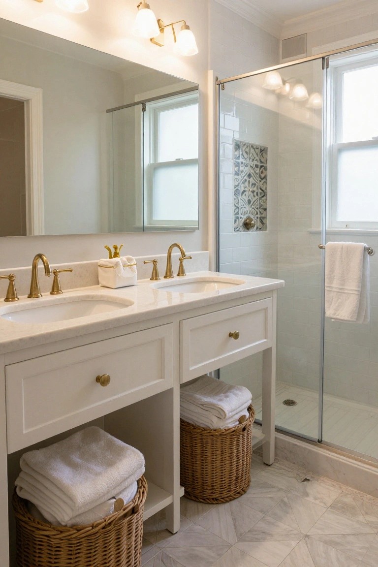 A bathroom vanity with white cabinetry, double sinks with brass faucets, and woven baskets holding folded towels on open lower shelves next to a glass shower.