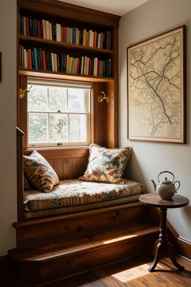 A wooden window seat with patterned cushions beneath built-in bookshelves filled with books, next to a small side table holding a teapot and a framed map on the adjacent wall.