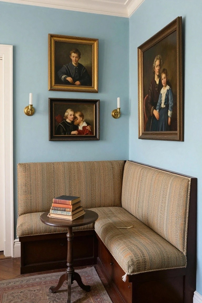 A corner nook with a built-in bench in striped upholstery, a round side table with stacked books, and multiple framed portraits on a light blue wall.