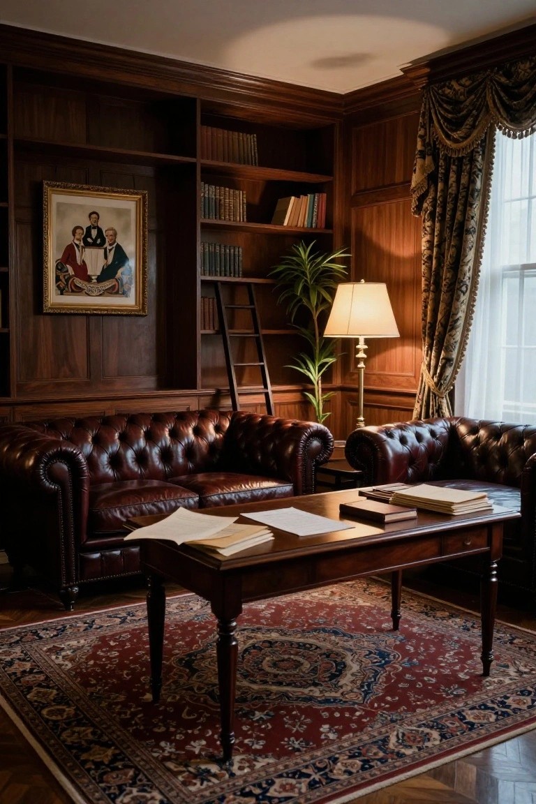 A traditional library interior with dark wood built-in bookshelves, two brown leather Chesterfield sofas, a wooden coffee table on a red patterned rug, and a framed painting on the left wall.