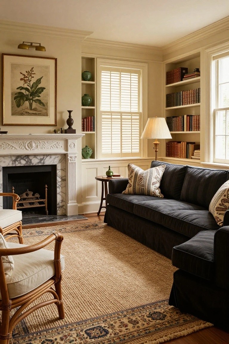 A living room with a dark sofa facing a marble fireplace, built-in bookshelves on both sides of a window, and layered rugs over wood flooring.