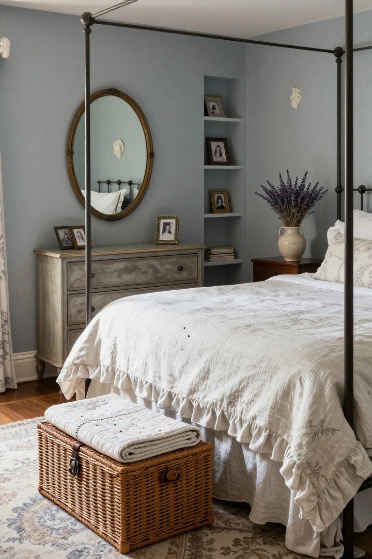 A bedroom featuring a four-poster bed with white linens, a distressed dresser with an oval mirror, built-in wall shelves holding framed photos and books, and a wicker trunk at the foot of the bed.