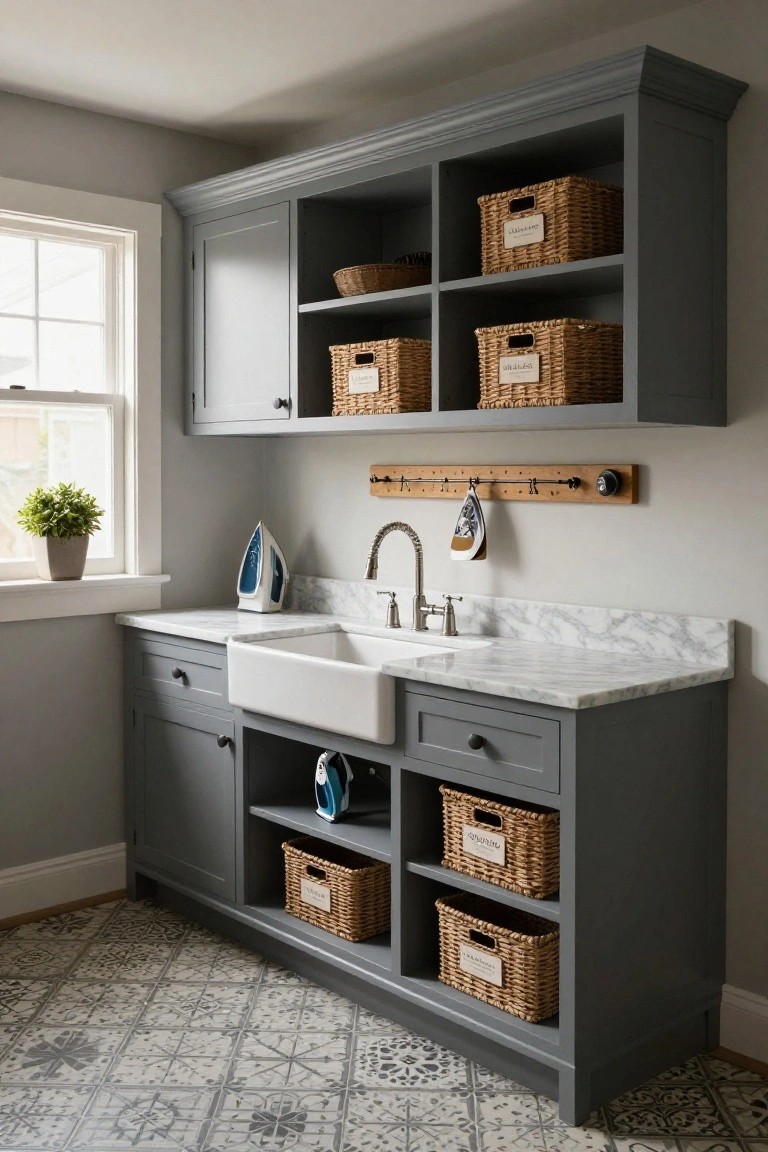 A gray built-in laundry room with a white farmhouse sink, marble countertop, open cubbies holding woven baskets, closed cabinets, and a peg rail on the wall above.