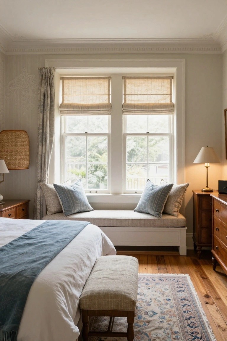 A bedroom interior showing a white built-in window seat with blue and beige pillows beneath two windows, a bed with a blue throw in the foreground, and wooden nightstands on both sides.