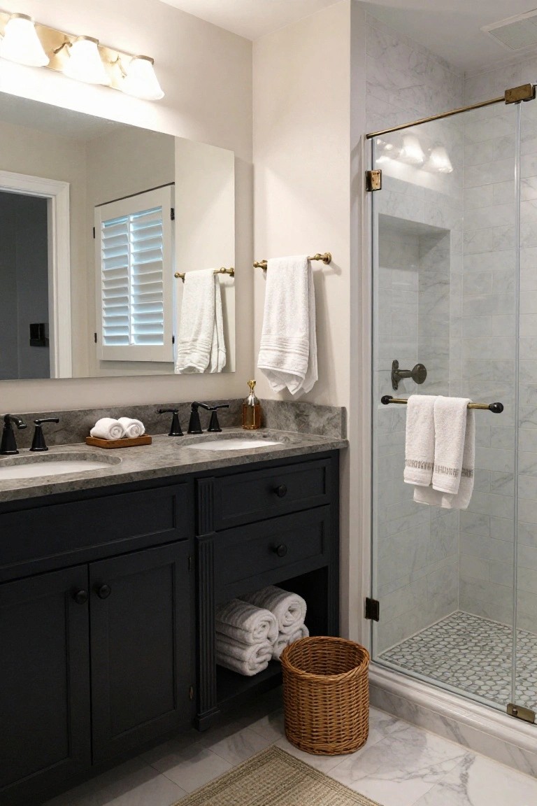 A bathroom interior showing a dark navy double vanity with gray marble countertop, black faucets, white towels, and a glass shower enclosure.