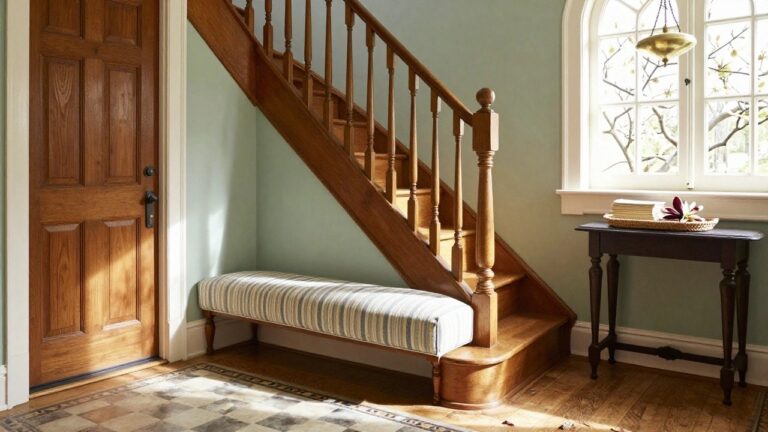 19 Elegant Southern Traditional Interior Design Ideas for a Timeless, Layered Home A wooden staircase beside a window with a striped bench and round table underneath in a light blue interior.