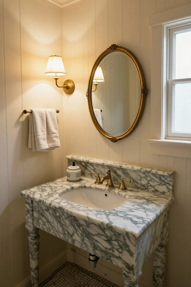 A bathroom vanity made of white and gray marble with brass faucets, an oval gold-framed mirror above it, and a wall sconce to the left.