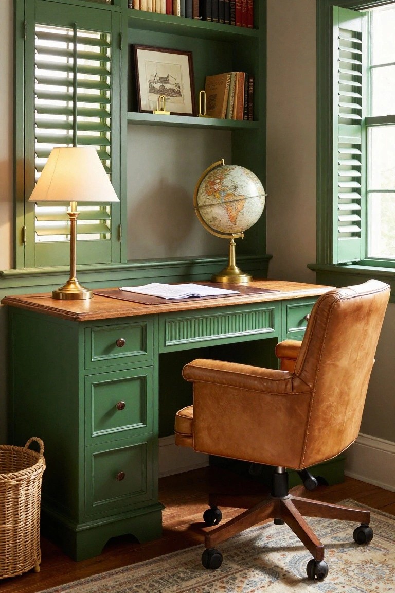 A green painted built-in desk with drawers and shelves, a brown leather swivel chair, a brass lamp, and a globe in a room with green shutters.