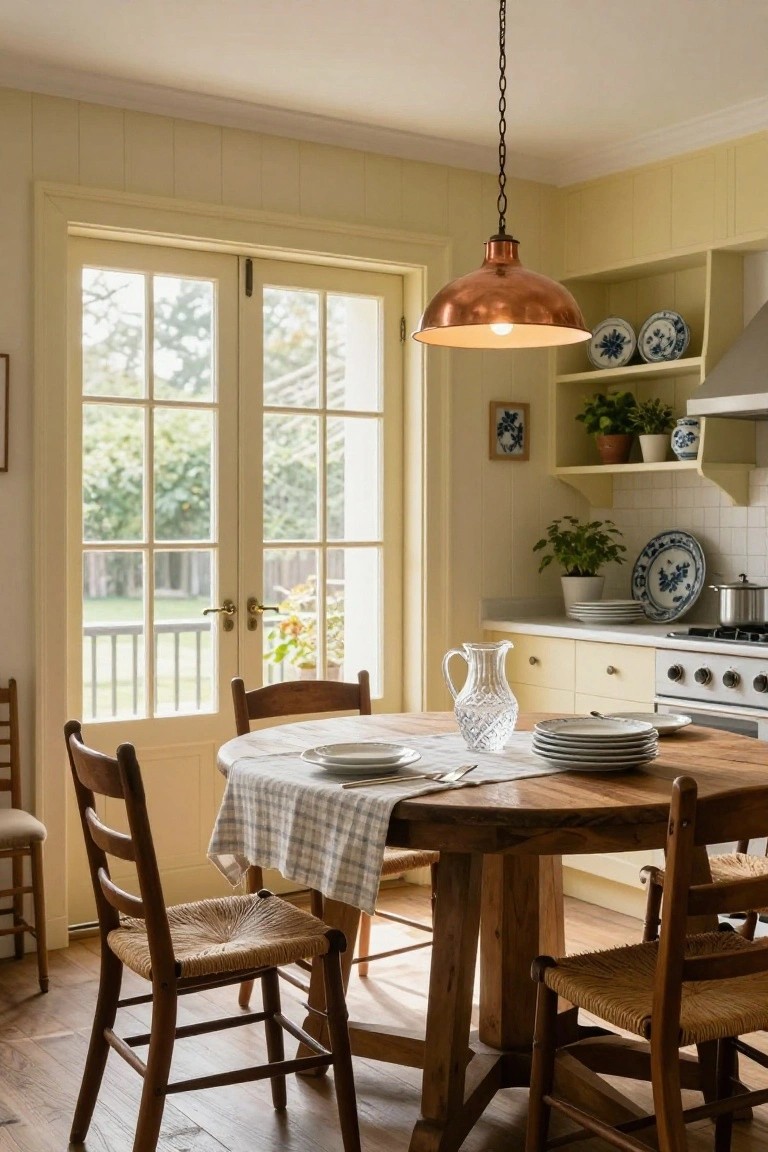 A round wooden dining table with a checkered cloth and stacked plates sits in a pale yellow kitchen beneath a copper pendant light, with French doors visible in the background.