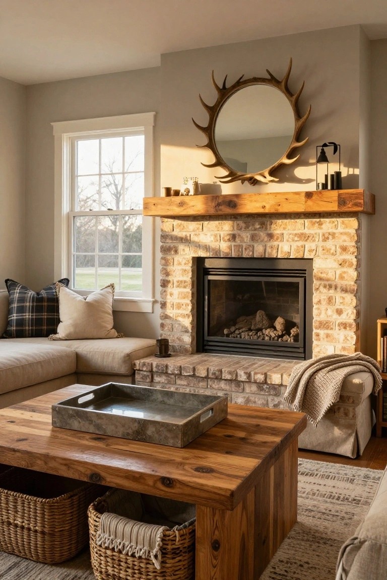 A living room with a stone fireplace, wooden mantel, antler mirror above, and sofa seating nearby.
