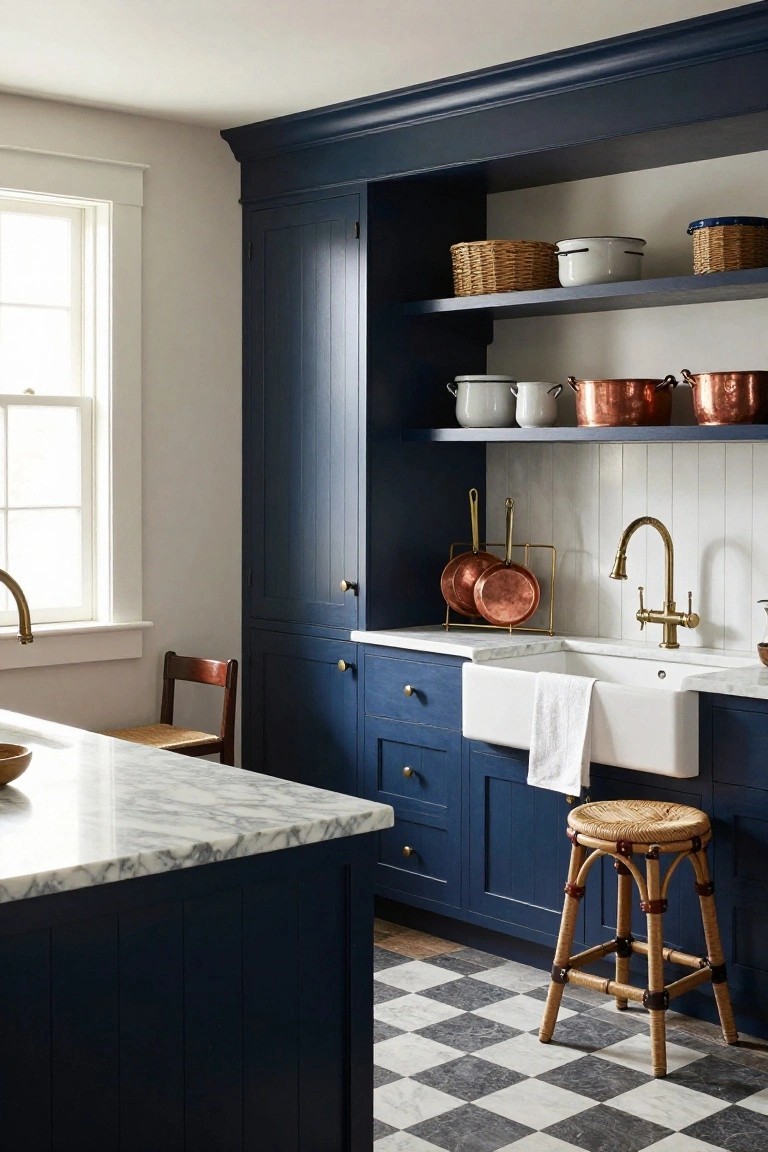 A kitchen interior with navy blue painted cabinets, open blue shelves holding baskets and copper pots, a white farmhouse sink with brass faucet, marble countertops, and black and white checkered tile flooring.