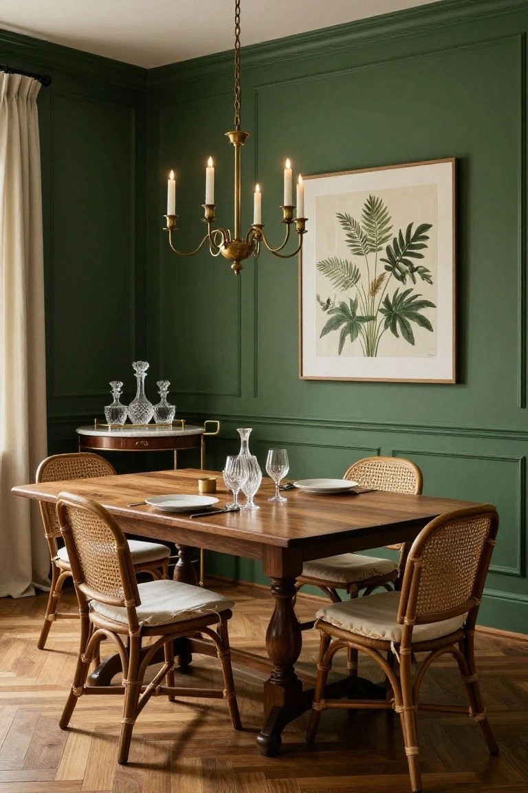 A dining room with dark green paneled walls, a wooden table surrounded by cane-backed chairs, and a brass chandelier overhead.