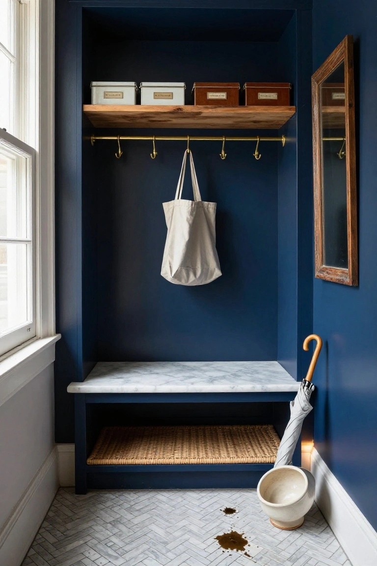 A recessed entry nook with deep navy walls and built-in storage including wooden shelves, brass hooks, a marble bench, and a woven basket on the lower shelf.