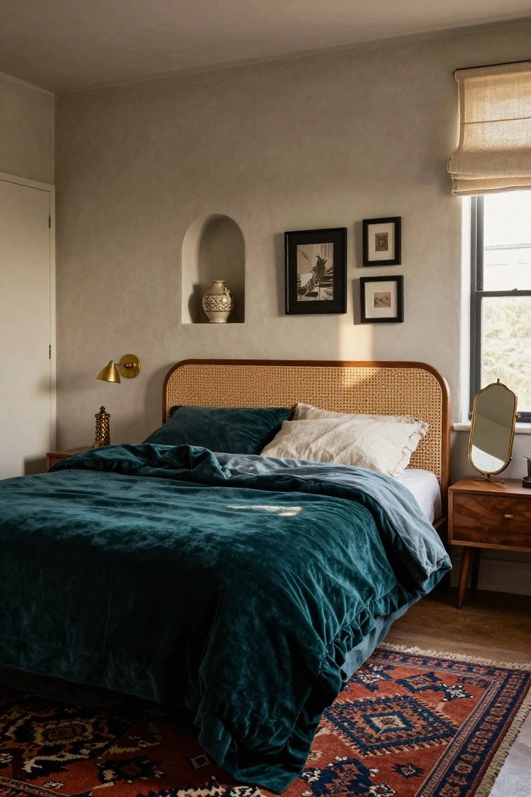A bedroom with teal velvet bedding on a bed that has a rattan headboard, set against neutral walls with framed art and wooden nightstands.