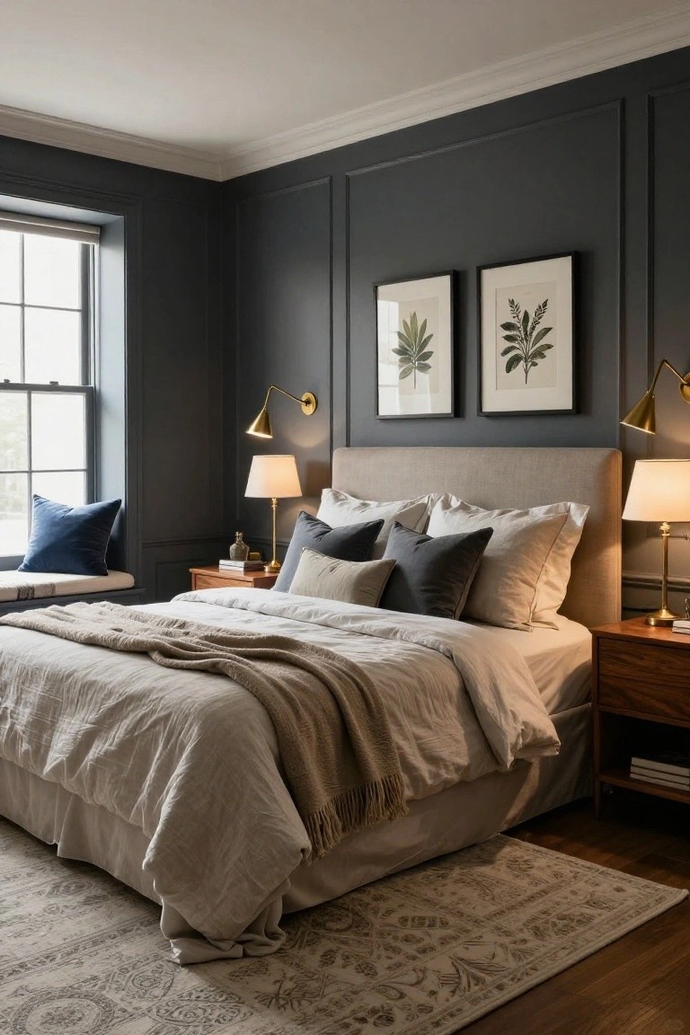 A bedroom with dark gray paneled walls, a large bed dressed in beige and gray linens, two botanical prints above the headboard, and a window seat on the left.