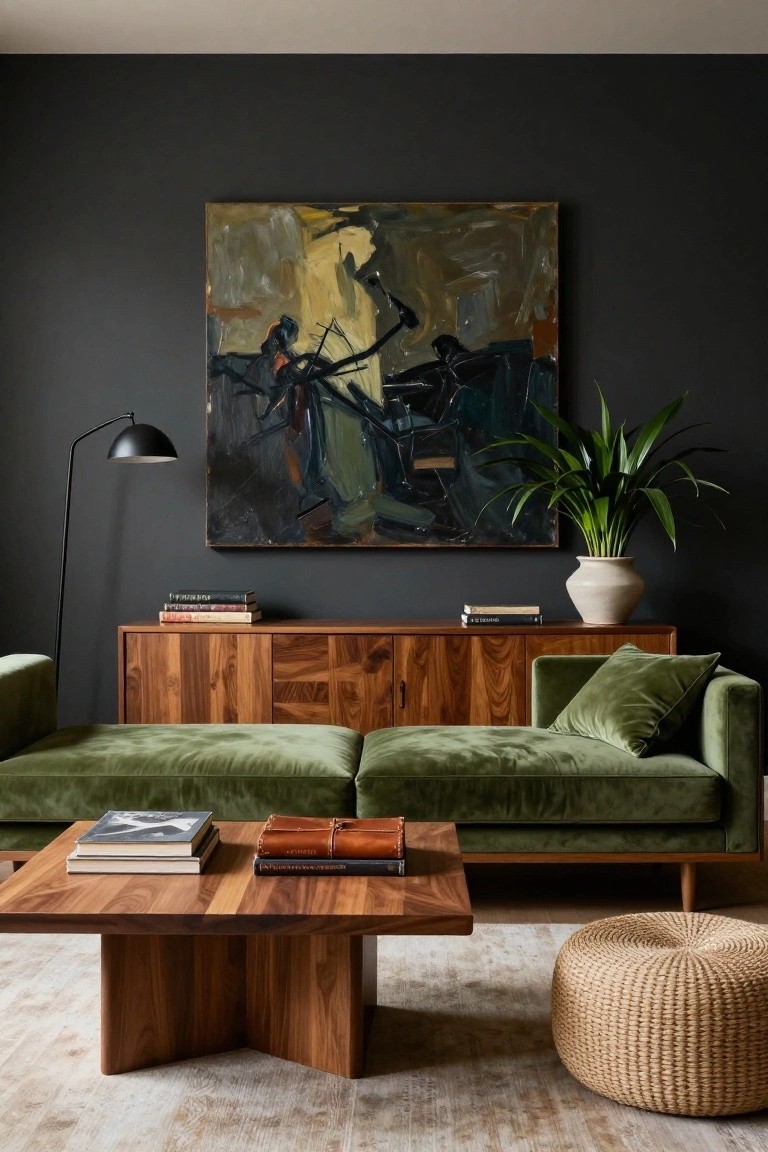 A living room featuring a green velvet sofa against a dark wall, a wooden console table below an abstract painting, and a wooden coffee table in the foreground.