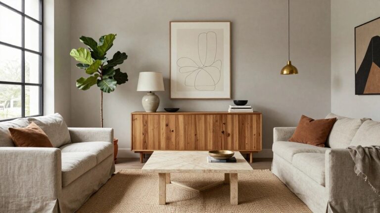 A light gray fabric sofa with two terracotta pillows sits in front of a wooden console table, with a large potted fiddle leaf fig and abstract wall art visible in a bright room.