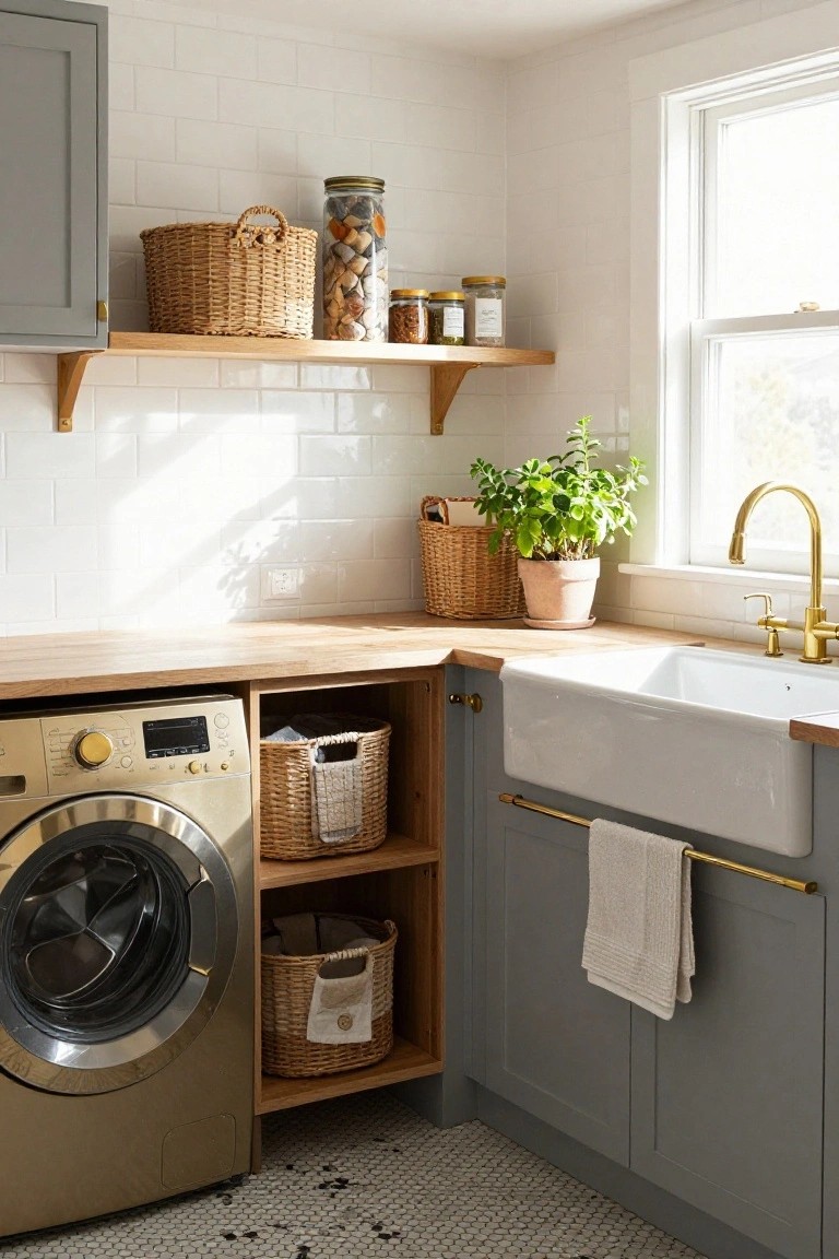 A laundry room with gray cabinets, wooden countertops and open shelves, a white farmhouse sink, and a front-loading washing machine set against white tile.