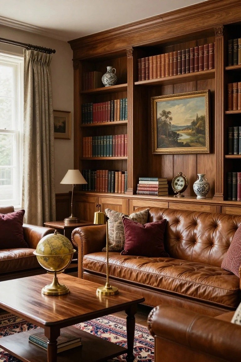 Traditional library with leather sofa, bookshelves, globe on table, and landscape painting