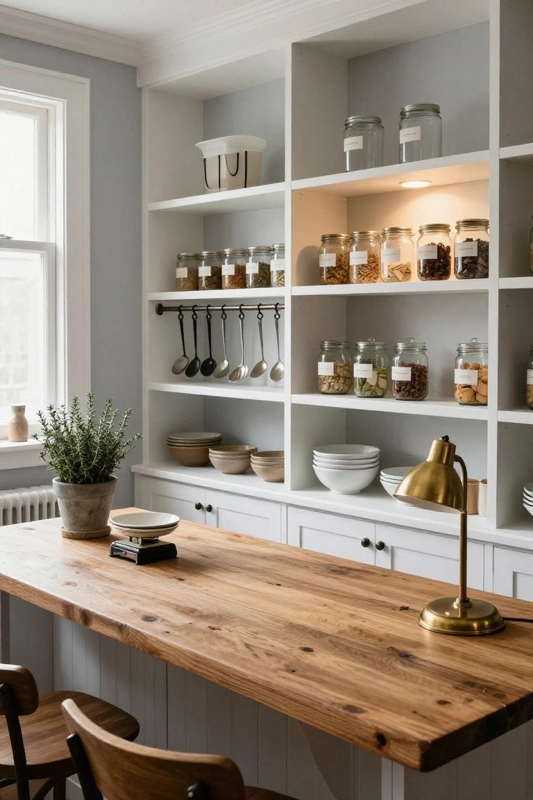 White built-in shelves with labeled jars and stacked dishes above a wooden work table in a kitchen.