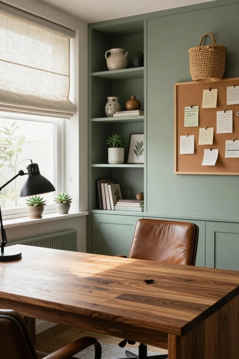 A home office featuring a wooden desk, brown leather chair, built-in shelves painted muted green, and a window with a linen shade.