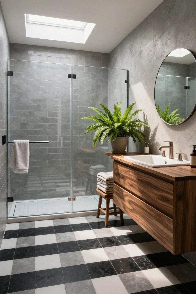A modern bathroom with gray tiled walls, a black and white checkered floor, a floating wood vanity with white sink, and a round mirror above it.