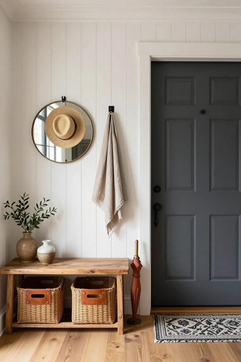 An entryway with white vertical paneling, a round mirror holding a straw hat, a beige throw on a hook, a wooden bench with two wicker baskets underneath, a dark gray door, and a patterned rug on light wood flooring.