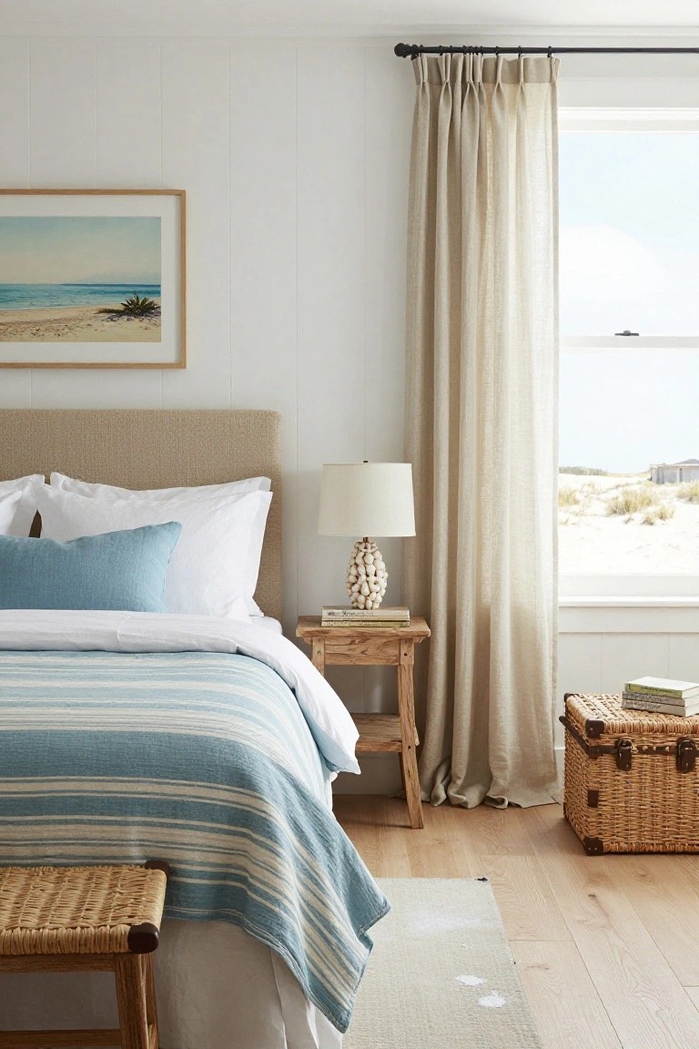 A bedroom with a beige upholstered bed, blue striped bedding, a wooden nightstand with a lamp, beige curtains, and a view of sand dunes through a window.