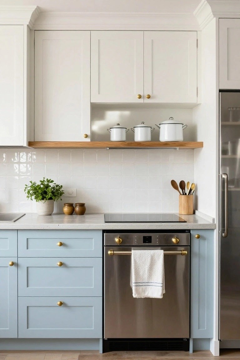 A kitchen interior showing white upper cabinets, light blue lower cabinets with brass hardware, a stainless steel oven, and a wooden shelf holding three white pots.
