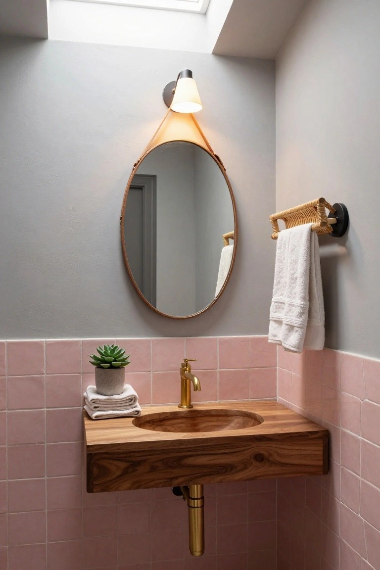 A bathroom with pink tiled walls, a floating wood vanity, round mirror, and wall sconce above a brass faucet.