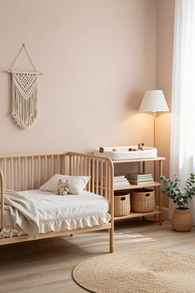 A child's bedroom with soft pink walls, a wooden crib with white bedding, a macrame wall hanging, and a wooden changing table with woven baskets.