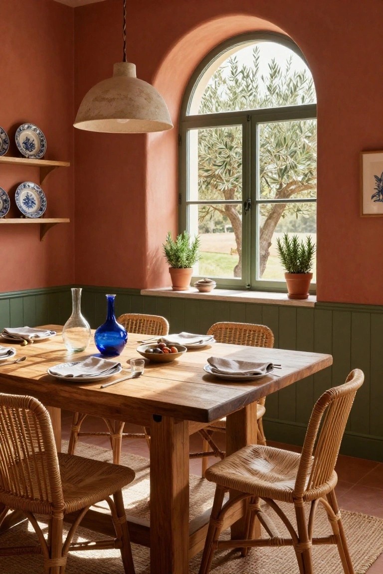 A dining room featuring terracotta upper walls, green wainscoting, a wooden table with wicker chairs, and an arched window.