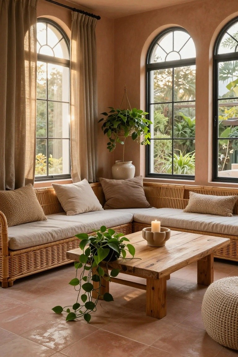 A corner seating area with rattan sofas, neutral cushions, a wooden coffee table, hanging plants, and large arched windows in a room with warm peach walls.