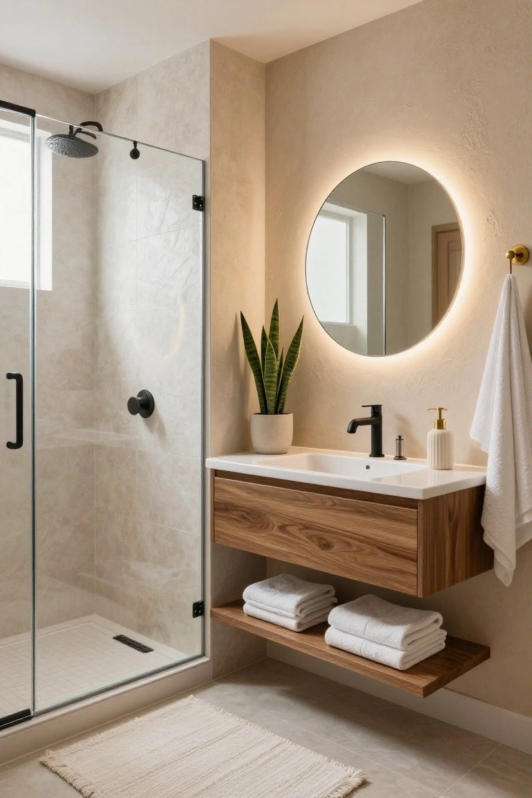 A bathroom featuring a floating walnut vanity with a white sink, round backlit mirror, beige tiled walls, and a glass shower enclosure.