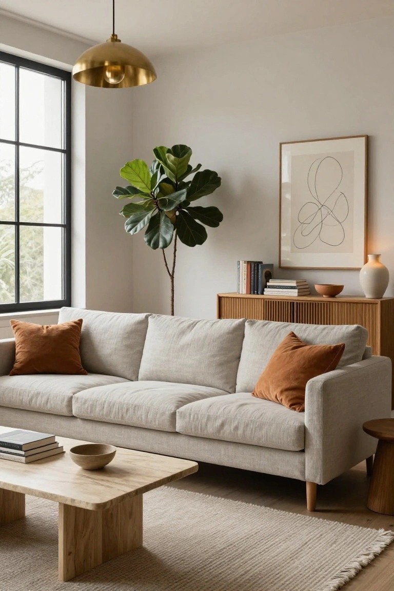 A light gray fabric sofa with two terracotta pillows sits in front of a wooden console table, with a large potted fiddle leaf fig and abstract wall art visible in a bright room.