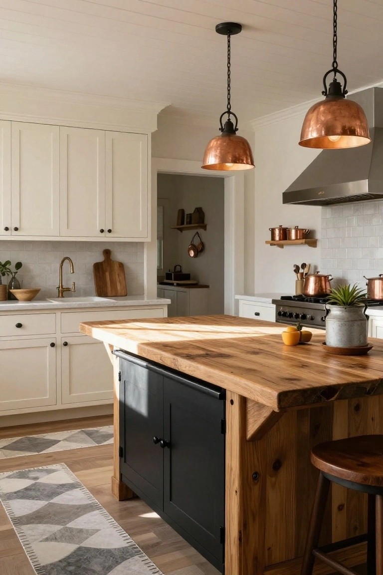 A kitchen with white cabinets, a wooden island with black doors, and copper pendant lights above the counter.