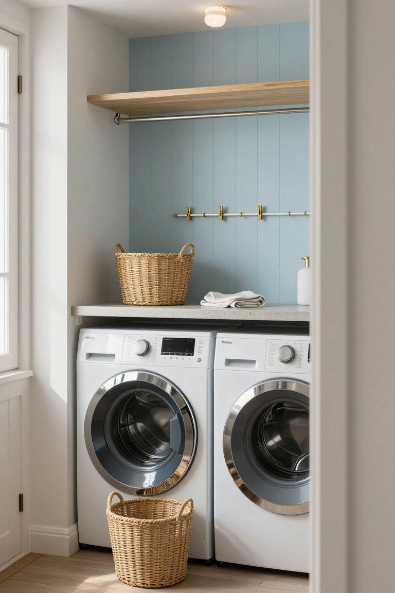 A laundry alcove with two white front-loading machines under a gray countertop, a wooden shelf above, and light blue vertical paneling on the back wall.