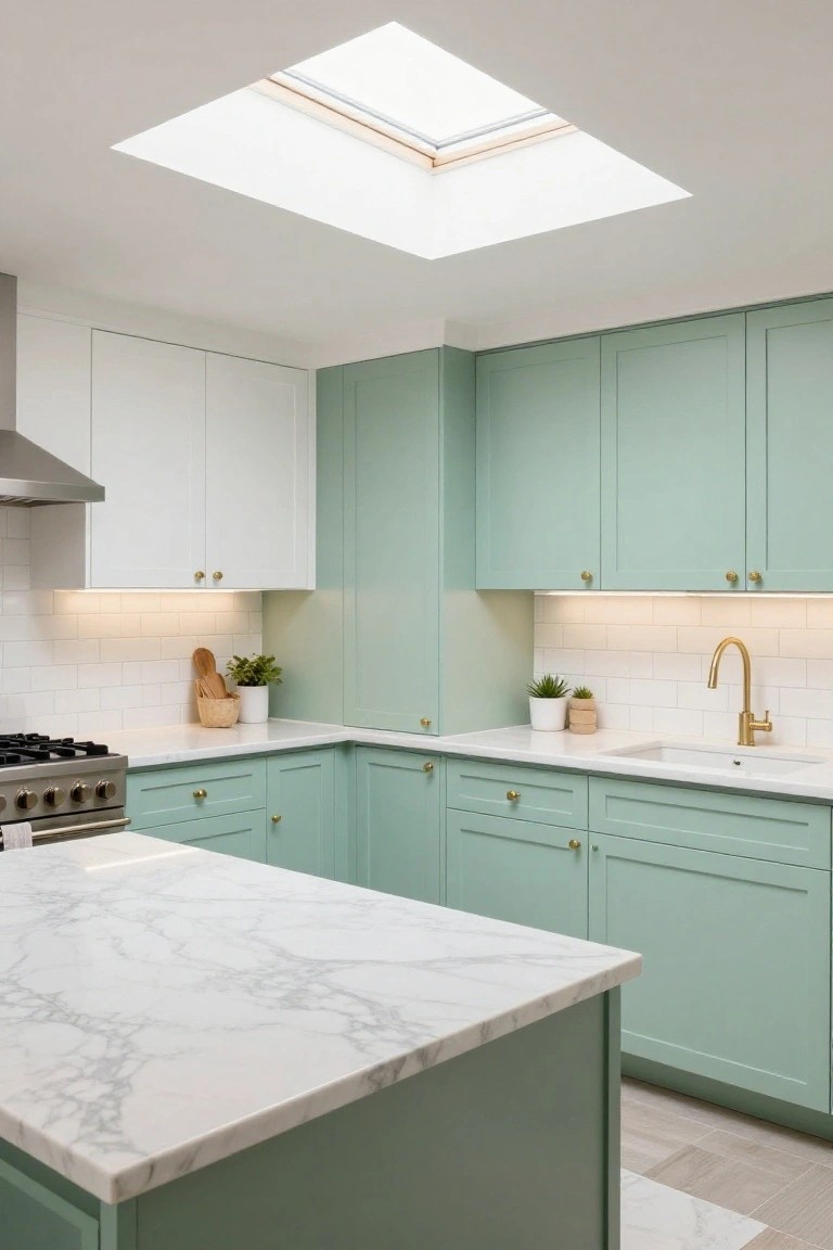 A kitchen with mint green lower cabinets, white upper cabinets, a marble island, and a large skylight overhead.