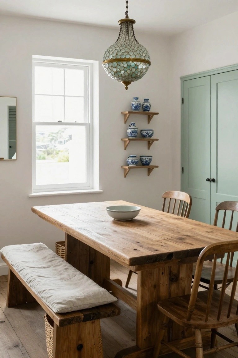 A bright dining room with a large rustic wooden table, a cushioned bench on one side, several wooden chairs, floating shelves holding blue and white pottery, and a large window.
