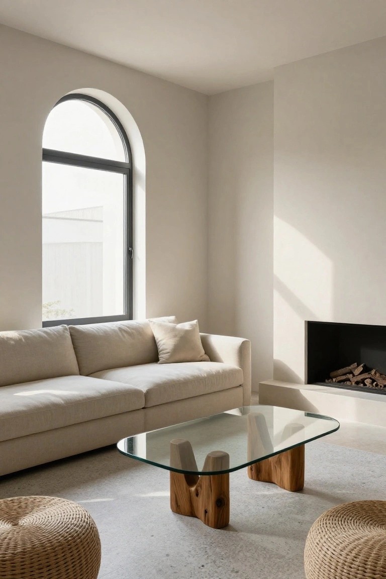 A modern living room with a light beige sofa, glass coffee table on wooden supports, woven stools, and a large arched window.