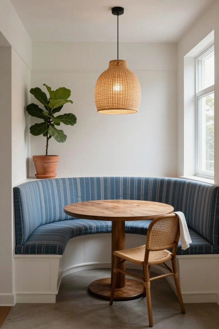A curved blue striped banquette with a round wooden table, woven chair, and woven pendant light in a bright corner nook.
