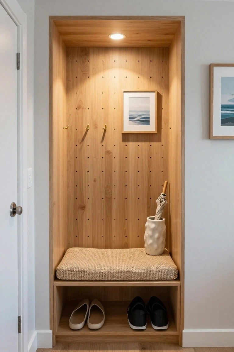 A light wood recessed alcove with a woven bench cushion, gold hooks on the back wall, lower open storage holding shoes, and a vase with an umbrella on the bench.