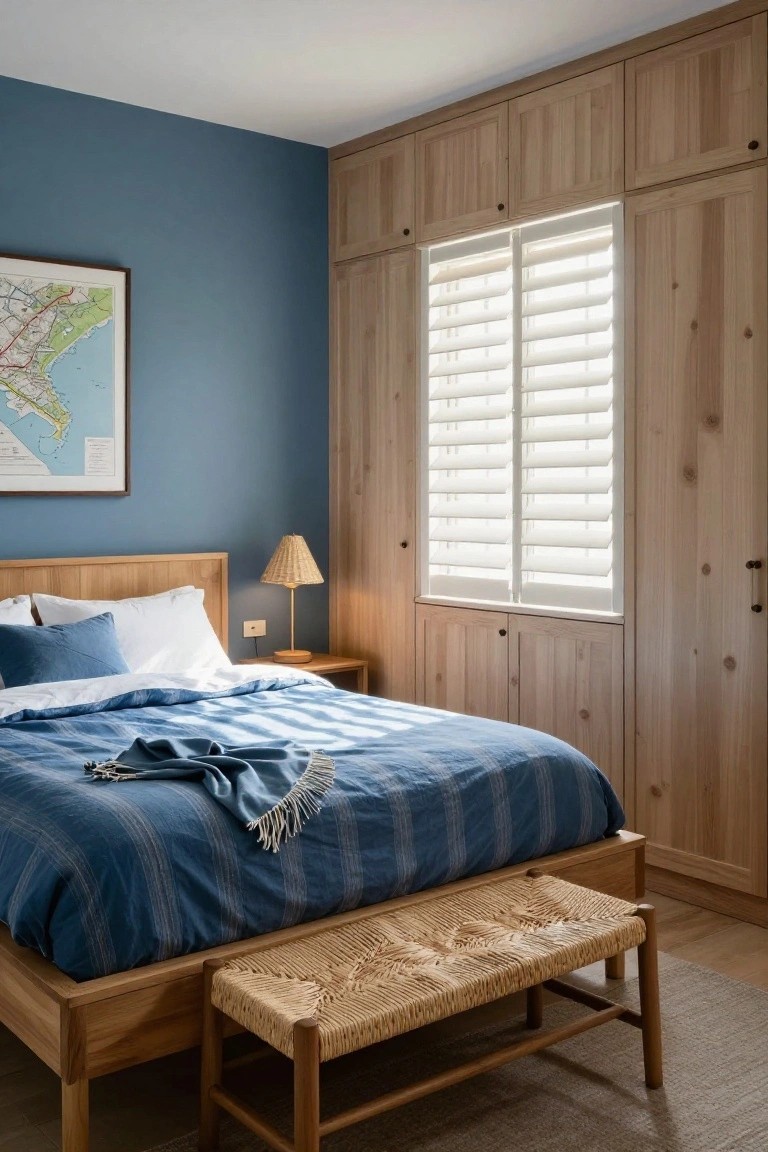 A bedroom with a wooden bed in blue linens, a woven bench at the foot, and tall light wood built-in cabinetry with plantation shutters on the window.
