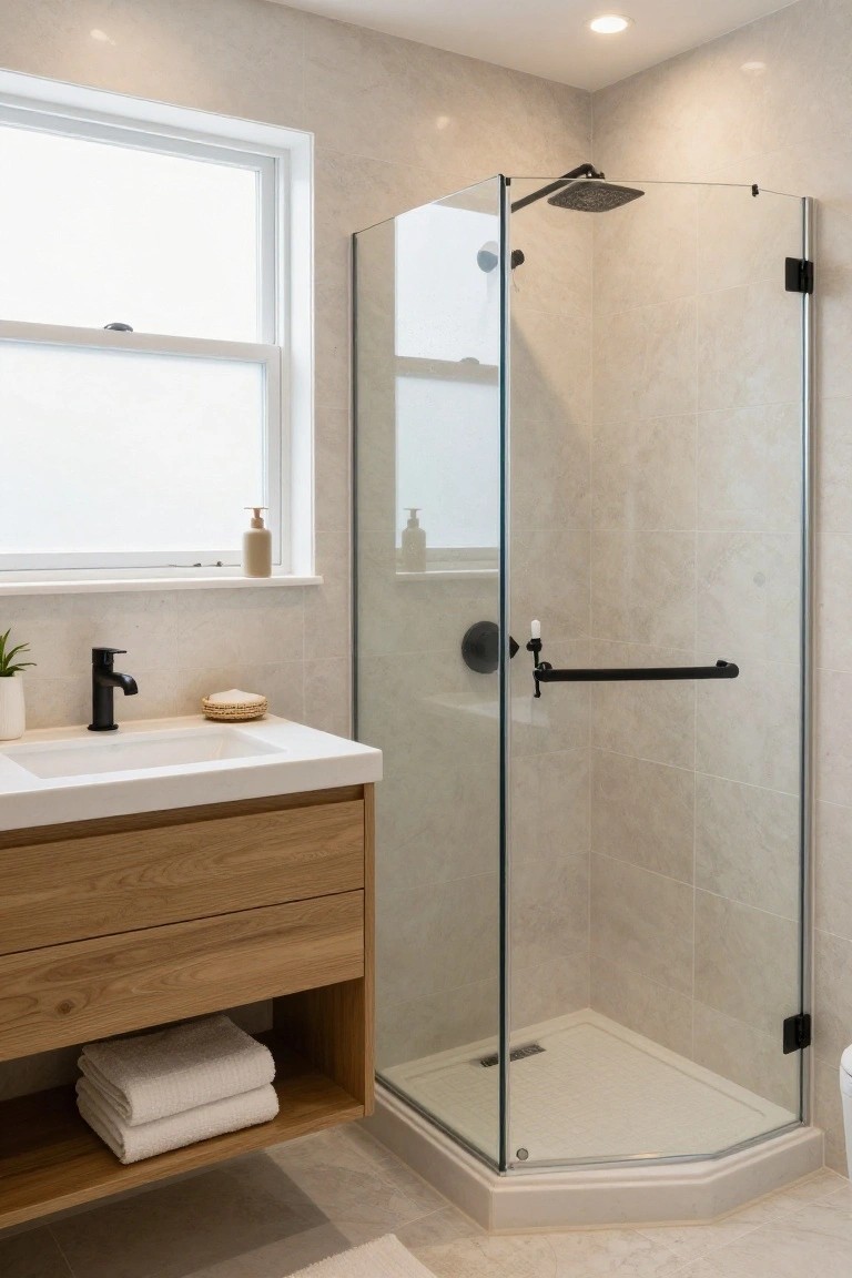 A bathroom interior with a glass shower enclosure on beige tiled walls, a white floating wood vanity with black faucet, and a window above the sink.