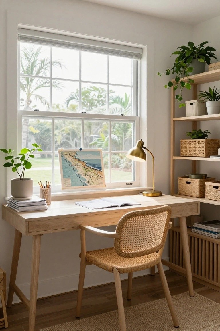 A light wood desk with a woven chair sits in front of a large multi-paned window, with a map on the sill and plants on the desk.