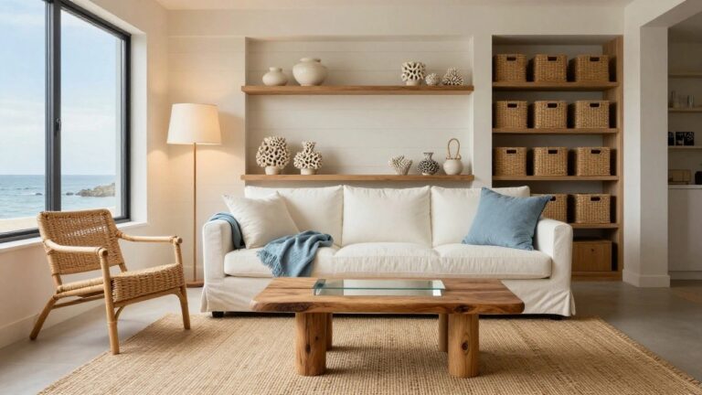 21 Relaxed Coastal Condo Interior Ideas That Maximize Light and Space A bright living room with a white sofa under floating wooden shelves holding woven baskets and neutral decor, a wooden coffee table on a woven rug, and large windows showing an ocean view.