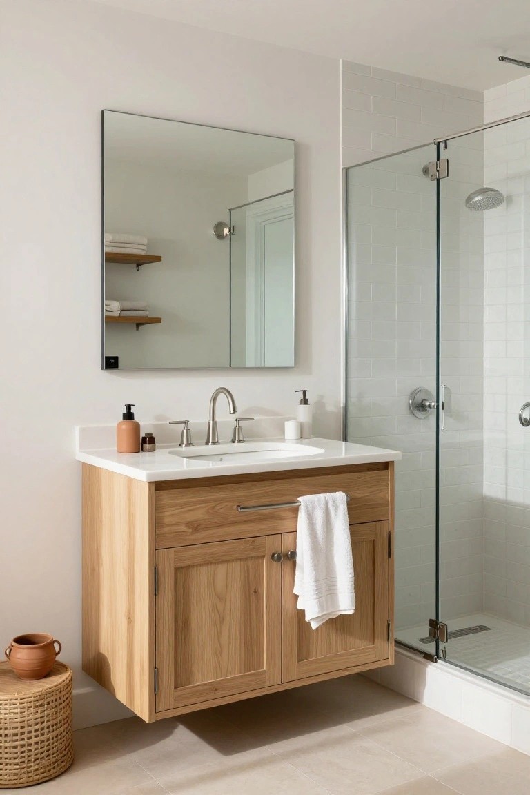 A light wood floating bathroom vanity with a white countertop, single sink, and large mirror mounted above it beside a glass shower enclosure.